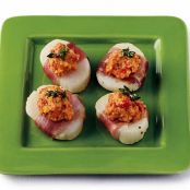 Prosciutto Wrapped Scallops with Romesco Sauce (Bon Apetit)